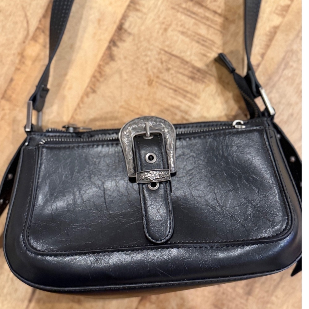 Steve Madden Black Western Buckle Shoulder Bag Faux Leather Baguette Purse